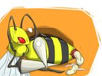  antennae arthropod beedrill birth blush egg female insect lying nintendo on_side oviposition panting pok&#233;mon pokemon pussy red_eyes simple_background slimy solo stripes video_games wings 