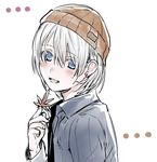  autumn_leaves beanie blue_eyes blush brown_hat character_request copyright_request earrings erubo hair_between_eyes hat holding holding_leaf jewelry leaf long_sleeves looking_at_viewer open_mouth short_hair smile solo white_background white_hair 