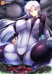  1girl breasts cleavage erect_nipples fat fat_man haganef large_breasts long_hair looking_at_viewer monster navel pixiv_manga_sample purple_eyes silver_hair smile squatting thighhighs 