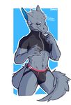  2017 anthro blue_background bulge clothed clothing crop_top dragon fur furred_dragon green_eyes grey_fur grey_tail head_tuft jockstrap looking_at_viewer male navel partially_clothed portrait seductive shirt simple_background solo standing three-quarter_portrait underwear white_background zereno zipper 