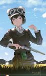  bad_id bad_twitter_id bangs belt black_hair blue_sky blush closed_mouth cloud coat collared_shirt condensation_trail copyright_name day goggles goggles_on_headwear grass hat highres kino kino_no_tabi long_sleeves looking_at_viewer outdoors purple_eyes reido_(reido_c) shirt short_hair sky solo standing white_shirt wing_collar 