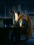  2016 anthro arkenbon building cellphone city claws clothed clothing computer detailed_background detailed_scales drac_(dracwarrior) dragon duo fan_character feline fur gun holding_object horn male mammal membranous_wings open_mouth outside panther phone ranged_weapon scalie sitting sky smile suit teeth vizsla weapon western_dragon wings 