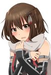  blush brown_eyes brown_hair detached_sleeves eyebrows_visible_through_hair hair_between_eyes hair_ornament kantai_collection looking_at_viewer open_mouth parted_lips remodel_(kantai_collection) rinto_(rint_rnt) scarf sendai_(kantai_collection) short_hair simple_background solo upper_body vest wavy_mouth white_background white_scarf 