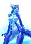  2017 anthro aquatic_dragon blue_hair breasts brown_eyes digital_media_(artwork) dragon equus featureless_breasts female gradient_background hair horn looking_at_viewer nude shiny simple_background smile solo viewer wide_hips 