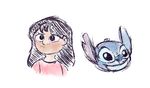  2017 alien bangs black_eyes black_hair blue_fur blue_nose blush colored_sketch confusion disembodied_head disney duo experiment_(species) fur hair head_tuft headshot_portrait human lilo_and_stitch lilo_pelekai long_hair looking_at_viewer mammal notched_ear portrait scribblingbymyself simple_background smile stitch tuft white_background 