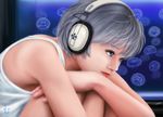  blue_eyes close-up ebi_(eeotoko) eyelashes headphones highres jellyfish knees_to_chest lips listening_to_music nose original short_hair signature silver_hair sitting solo tank_top 