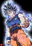  aura black_hair chris_re5 clenched_hand dirty dragon_ball dragon_ball_super dutch_angle from_below frown grey_eyes male_focus muscle official_style open_hand serious signature solo son_gokuu spiked_hair torn_clothes ultra_instinct wristband 