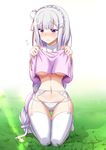  blush commentary_request dress dress_lift emilia_(re:zero) lingerie minato_yoshihiro panties purple_eyes re:zero_kara_hajimeru_isekai_seikatsu seiza sitting thigh_gap thighhighs underwear 