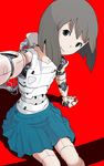  android highres looking_at_viewer mechanical_parts original reaching_out red_background robot_joints self_shot short_hair simple_background sitting skirt solo sukabu 