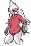  2016 anthro avian beak beverage bird blush bottomless clothed clothing coffee feathers looking_at_viewer male martin_(dosent) portrait simple_background solo standing sweater tail_feathers three-quarter_portrait turtle_neck white_background white_feather wings yellow_beak zereno 