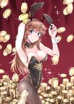  animal_ears black_legwear black_leotard blue_eyes braid breasts brown_hair bunny_ears bunny_tail bunnysuit coin cosaten cowboy_shot curtains detached_collar granblue_fantasy lecia_(granblue_fantasy) leotard long_hair medium_breasts pantyhose solo strapless strapless_leotard tail wrist_cuffs 