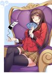  absurdres alternate_legwear bangs black_legwear blazer blunt_bangs blush border breasts brown_hair brown_skirt card chain chair collared_shirt crossed_legs dated eyebrows_visible_through_hair head_tilt highres hime_cut holding holding_card jabami_yumeko jacket kakegurui large_breasts long_hair looking_at_viewer number outside_border pleated_skirt red_eyes school_uniform shirt sitting skirt smile solo thighhighs very_long_hair white_shirt wing_collar yang_miee_miee 