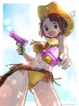  ariorihaberi bikini brown_eyes brown_hair cowboy_hat dual_wielding foreshortening hat holding holster kill_la_kill lens_flare looking_at_viewer mankanshoku_mako navel open_mouth short_hair swimsuit twitter_username water_gun 