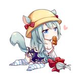  all_fours animal_ears azur_lane blue_eyes blue_hair bow braid chibi commentary_request ears_through_headwear flot food hair_bow hair_ribbon hat heart kindergarten_uniform long_hair looking_at_viewer low-tied_long_hair mikazuki_(azur_lane) mouth_hold no_shoes ribbon school_hat simple_background single_braid solo squirrel_ears squirrel_tail striped striped_legwear tail taiyaki wagashi white_background 