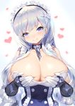  arm_guards azur_lane bangs bare_shoulders belfast_(azur_lane) blue_eyes blush braid breast_hold breasts chain cleavage closed_mouth collar corset eyebrows_visible_through_hair french_braid frills gloves gradient gradient_background head_tilt heart highres huge_breasts long_hair looking_at_viewer maid_headdress mamuru shiny shiny_hair shiny_skin silver_hair sleeveless smile solo tsurime upper_body very_long_hair white_background white_gloves 
