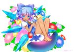  artist_name barefoot blue_bow blue_eyes blue_hair blue_wings blush bow cirno closed_mouth eyebrows_visible_through_hair food hair_bow hidden_star_in_four_seasons ice ice_cream ice_cream_cone ice_wings looking_at_viewer multicolored_hair puffy_short_sleeves puffy_sleeves purple_hair short_hair short_sleeves smile solo tan tanned_cirno tansan_daisuki touhou two-tone_hair wings 