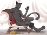  2017 4_toes abs alcohol animal_genitalia anthro barbed_penis beverage biceps chair claws coin digital_media_(artwork) drac_(dracwarrior) dreiker erection feet feline foot_focus fur gold_(metal) gold_coin humanoid_penis jaguar knife looking_at_viewer male mammal muscular muscular_male nude panther pawpads paws pecs penis sheath simple_background sitting smile solo toe_claws toe_pads toes whiskers wine 