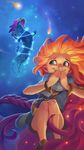 aurelion_sol_(league_of_legends) blue_eyes bracelet braid constellation covering_mouth dragon full_body hands_on_own_face hellstern heterochromia highres jewelry league_of_legends long_hair necklace night official_art orange_hair purple_eyes purple_hair scarf shorts sky smile sparkle squatting star_(sky) very_long_hair zoe_(league_of_legends) 