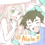  1girl :d black_hair blonde_hair closed_eyes green_eyes hatching_(texture) lillie_(pokemon) long_hair looking_at_viewer open_mouth pale_color pokemon pokemon_(anime) pokemon_sm_(anime) satoshi_(pokemon) sketch smile speech_bubble twitter_username 