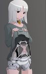  android collar embarrassed highres lifted_by_self looking_at_viewer original shirt_lift simple_background solo sukabu white_hair 