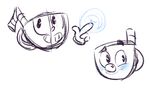  2017 4_fingers animate_inanimate bendy_straw blush cuphead_(character) cuphead_(game) disembodied_hand disembodied_head duo grin mugman nervous object_head pointing raised_eyebrow scribblingbymyself simple_background sketch smile straw white_background 
