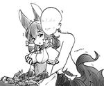  1boy 1girl :o animal_ears apron bangs blush elbow_gloves faceless faceless_male feathers fingerless_gloves gloves greyscale groping hair_between_eyes hetero highres hug hug_from_behind implied_sex kikimora_(monster_girl_encyclopedia) latenight looking_at_another maid maid_apron monochrome monster_girl monster_girl_encyclopedia non-web_source onomatopoeia parted_lips proto_kikimora_(monster_girl_encyclopedia) puffy_short_sleeves puffy_sleeves short_hair short_sleeves simple_background standing sweatdrop tail white_background 