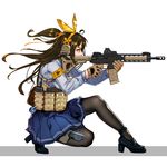  ahoge aiming ar-15 armband assault_rifle black_footwear black_hair black_legwear blue_skirt breasts brown_gloves choudan closed_mouth from_side full_body girls_frontline gloves gun hair_ribbon hairband high_heels highres holding holding_gun holding_weapon holster loafers long_hair long_sleeves medium_breasts one_knee one_side_up pantyhose partly_fingerless_gloves pleated_skirt profile ribbon rifle shirt shoes simple_background skirt solo tape thigh_holster trigger_discipline tsurime walkie-talkie weapon white_background white_shirt yellow_eyes yellow_hairband yellow_ribbon 