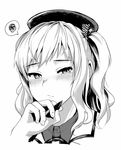 bangs blush closed_mouth eyebrows_visible_through_hair fingernails greyscale half-closed_eyes hand_on_own_chin hat holding holding_pen kantai_collection kashima_(kantai_collection) looking_at_viewer monochrome pen portrait satsuki_neko solo speech_bubble spoken_squiggle squiggle two_side_up 