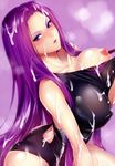  breasts cum cum_on_body cum_on_breasts cum_on_hair erect_nipples fate_(series) large_breasts one_breast_out purple_eyes purple_hair rider swimsuit zucchini 