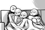  2017 anthro bed chipped_shell cuddling donatello_(tmnt) eyes_closed freckles greyscale group inkyfrog leonardo_(tmnt) male michelangelo_(tmnt) monochrome on_bed raphael_(tmnt) reptile scalie shell sleeping smile teenage_mutant_ninja_turtles turtle under_covers 