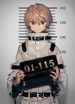  bad_id bad_tumblr_id belt blonde_hair closed_mouth height_chart hirota_tsuu holding holding_sign long_sleeves looking_at_viewer male_focus mugshot original purple_eyes sign smile solo straitjacket upper_body wide_sleeves 