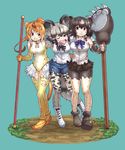  african_wild_dog_(kemono_friends) animal_ears bear_ears bear_girl bear_paw_hammer bear_tail bike_shorts bracelet brown_bear_(kemono_friends) circlet commentary_request dog_ears dog_tail doumoto elbow_gloves faux_figurine fingerless_gloves girl_sandwich gloves golden_snub-nosed_monkey_(kemono_friends) highleg highleg_leotard highres holding holding_staff injury jewelry kemono_friends leotard long_hair monkey_ears monkey_tail multicolored_hair multiple_girls sandwiched short_shorts shorts staff tail tired tongue tongue_out torn_clothes 