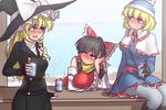  adapted_costume alcohol alice_margatroid bare_shoulders beer_can black_coat black_gloves black_hair blonde_hair blue_coat blue_eyes bow braid breast_press breasts can capelet commentary detached_sleeves drunk fingerless_gloves frills gloves grey_legwear hair_bow hair_tubes hakurei_reimu hat hat_bow hater_(hatater) highres holding kirisame_marisa large_breasts long_hair long_sleeves looking_at_another medium_breasts multiple_girls open_mouth pantyhose red_bow scarf short_hair single_braid sitting smile touhou white_bow witch_hat yellow_eyes yellow_scarf 