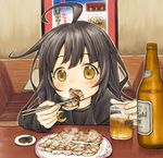  1girl ahoge beer black_hair chopsticks crescent eating female food harukaze_unipo kantai_collection mikazuki_(kantai_collection) open_mouth solo 
