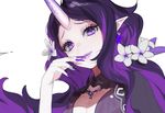 bad_id bad_twitter_id earrings face fingernails flower hair_flower hair_ornament hand_up horn jewelry light_smile lipstick long_fingernails long_hair looking_at_viewer makeup nail_polish necklace ohisashiburi original parted_lips pointy_ears purple_eyes purple_hair purple_lipstick purple_nails red_pupils simple_background slit_pupils solo upper_body white_background 
