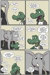  2017 alligator angie_(study_partners) anthro clothed clothing comic crocodilian elephant english_text fangs female green_eyes male mammal open_mouth ragdoll_(study_partners) reptile scalie speech_bubble study_partners teeth text thunderouserections tongue trunk tusks young 