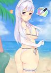  1girl ass azur_lane bangs bare_shoulders beach belfast_(azur_lane) bikini blush braid breasts closed_mouth cloud commander_(azur_lane) cowboy_shot day elbow_gloves embarrassed erection erection_under_clothes french_braid gloves headdress heart heart-shaped_pupils hetero kuavera large_breasts lips long_hair looking_at_penis looking_at_viewer looking_back outdoors palm_tree purple_eyes sexually_suggestive shiny shiny_hair shiny_skin silver_hair sky swimsuit symbol-shaped_pupils tied_hair torpedo tree white_gloves 
