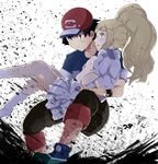  1girl black_hair blonde_hair blush brown_eyes carrying commentary_request green_eyes highres kuriyama lillie_(pokemon) long_hair pants pants_rolled_up pokemon pokemon_(anime) pokemon_sm_(anime) satoshi_(pokemon) sleeves_rolled_up z-ring 