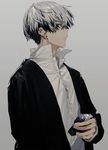  bad_id bad_tumblr_id black_jacket cigarette_box collared_shirt ear_piercing earrings grey_background hirota_tsuu holding jacket jewelry long_sleeves male_focus open_clothes open_jacket original piercing profile shirt sideways_mouth silver_hair simple_background solo upper_body white_shirt 