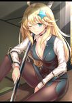  ;) ahoge armor black_legwear blonde_hair blue_eyes blush breasts choker cleavage closed_mouth collarbone commentary_request dabadhi dress_shirt goryoukaku_(oshiro_project) hair_ornament highres japanese_armor kote letterboxed long_hair long_sleeves looking_at_viewer medium_breasts miniskirt one_eye_closed oshiro_project oshiro_project_re pantyhose shirt side_slit sitting skirt skirt_set smile solo star star_hair_ornament waistcoat white_shirt 