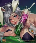  1girl animal_ears bare_shoulders battle_bunny_riven breasts bunny_ears bunnysuit close-up commentary cum cum_on_body cum_on_breasts cum_on_upper_body detached_collar ecoas ejaculation eyeshadow goo_guy green_skin handjob hetero large_breasts large_penis league_of_legends lips lipstick makeup monster_boy nose paizuri penis riven_(league_of_legends) short_hair silver_hair solo_focus wrist_cuffs zac 