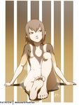  barefoot breasts breasts_apart brown_eyes brown_hair commentary convenient_leg dress feet ico looking_to_the_side nipples no_panties noise_tanker pointy_ears pov_feet see-through short_hair sitting small_breasts soles solo toes yorda 