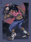  2005 anthro black_hair breasts butt canine clothing female hair hand_on_butt headband jeans mammal pants scared solidasp solo torn_clothing transformation were werewolf 