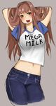  1girl arms_up blush brown_hair casual doki_doki_literature_club green_eyes jeans long_hair mega_milk midriff midriff_peek monika_(doki_doki_literature_club) open_mouth otxoa60 ring simple_background solo 