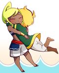  1girl ass bad_id bad_tumblr_id blonde_hair boots bracer brown_footwear closed_eyes couple dark_skin earrings glomp green_hair hetero hug jewelry leg_up lieutenant-rei link midriff pointy_ears sandals short_hair shorts tetra the_legend_of_zelda the_legend_of_zelda:_the_wind_waker toon_link white_legwear 