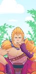  abs bandages beard blonde_hair day earrings eating eveurite_(ev) facial_hair fingerless_gloves fur_trim gloves hair_ornament highres jewelry leaf male_focus navel necklace open_mouth orange_eyes shirtless sitting sky smite solo sun_wukong_(smite) teeth 