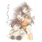 3boys :d armor bandana bardock black_eyes black_hair blush dragon_ball dragon_ball_z eyebrows_visible_through_hair father_and_son grandfather_and_grandson happy looking_at_another looking_away male_focus multiple_boys open_mouth raiku_(ugougomemomemo) scar serious short_hair simple_background smile son_gokuu son_goten spiked_hair translation_request white_background 