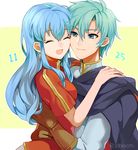  1girl 2900cm aqua_hair armor bad_id bad_twitter_id blue_eyes blue_hair brother_and_sister cape closed_eyes eirika ephraim fire_emblem fire_emblem:_seima_no_kouseki gloves green_hair hug long_hair polearm short_hair siblings sidelocks smile weapon 