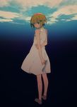  bad_id bad_tumblr_id bare_arms bare_shoulders barefoot blonde_hair blue_eyes closed_mouth cloud dress full_body hair_ornament hairclip hirota_tsuu holding holding_shoes light_frown looking_at_viewer looking_back original sandals sandals_removed shoes short_hair standing wading white_dress 