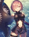  :d armor armored_dress bangs bare_shoulders black_armor black_leotard breasts commentary cowboy_shot elbow_gloves fate/grand_order fate_(series) gloves hair_over_one_eye highres holding_shield io_enishi large_breasts lavender_eyes lavender_hair leotard looking_at_viewer mash_kyrielight navel open_mouth shield short_hair smile solo standing thigh_strap thighhighs 